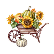 Watercolor Pumpkins In The Wheelbarrow, Sunflowers, Thanksgiving, Farm Harvest, Halloween Illustration, Autumn Design, Fall, Holiday Clip Art Isolated On White Background