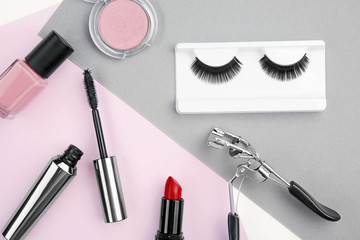 Poster - Set for makeup with false eyelashes on color background