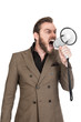 © _robbie_ - Furious screaming businessman with a megaphone speaker wearing a brown suit and shirt. White background.