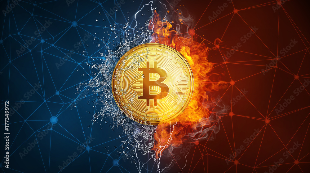 Golden bitcoin coin in fire flame, water splashes and lightning. Bitcoin Gold blockchain hard fork concept. Cryptocurrency symbol in storm illustration with peer to peer network background.