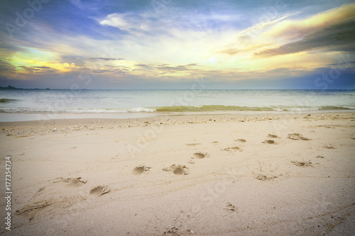 Plakat ślady na piasku na plaży niebo zachód słońca
