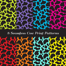 Neon Color Cow Print Seamless Vector Patterns. Perfect For Halloween Or Monster Theme Party Decorations. Pattern Tile Swatches Included.

