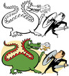 A businessman fights off a fire breathing dragon with a sword and shield