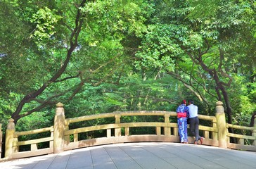 Rear view of Japanese couple standing on the bridge in the garden with the tree background. A man wears blue shirt with slacks, a woman wears Yukata. Love and nature concept.