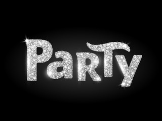 Party word, glitter banner with typography. Sparkles on black background, silver vector dust.