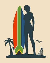Wall Mural - woman posing with surfboard. human silhouette. vintage surfing graphic and emblem for web design or 