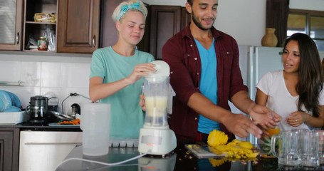 Sticker - Young Man And Woman Use Blender Prepare Healthy Smoothie Pour It In Glasses People Group Talking Two Couples In Kitchen Cooking Together Slow Motion 60