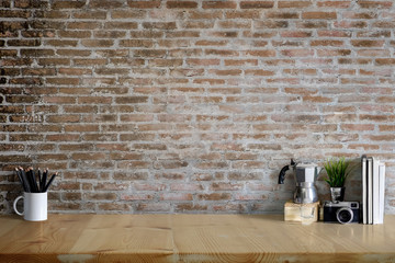 Sticker - loft workspace concept. mock up white frame and stuff, minimal stuff on desk.