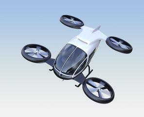 Wall Mural - Front view of self-driving passenger drone flying in the sky. 3D rendering image. Original design.