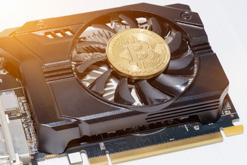 close up of Bitcoin money mining on graphic card