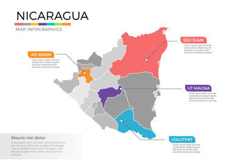  Nicaragua map infographics vector template with regions and pointer marks