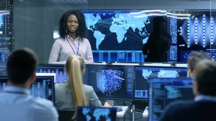 Aufkleber - Chief Project Engineer Holds Briefing for a Team of Scientists that are Building Machine Learning System. Displays Show Working Model of Neural Network. 