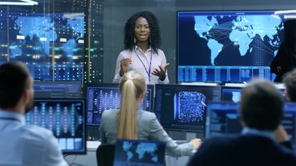 Aufkleber - Chief Project Engineer Holds Briefing for a Team of Scientists that are Building Machine Learning System. Displays Show Working Model of Neural Network. 