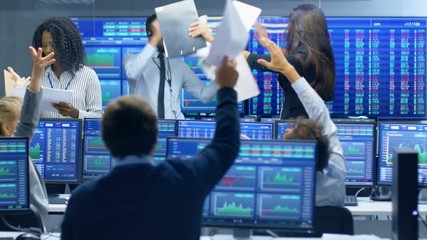 Poster - Multi-Ethnic Team of Traders Have Successful Day at the Stock Exchange Office. Dealers and Brokers Buy and Sell Stocks on the Market, they Celebrate Profitable Transaction. 