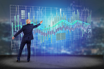 Poster - businessman in front of a wall with 3d render stock exchange trading