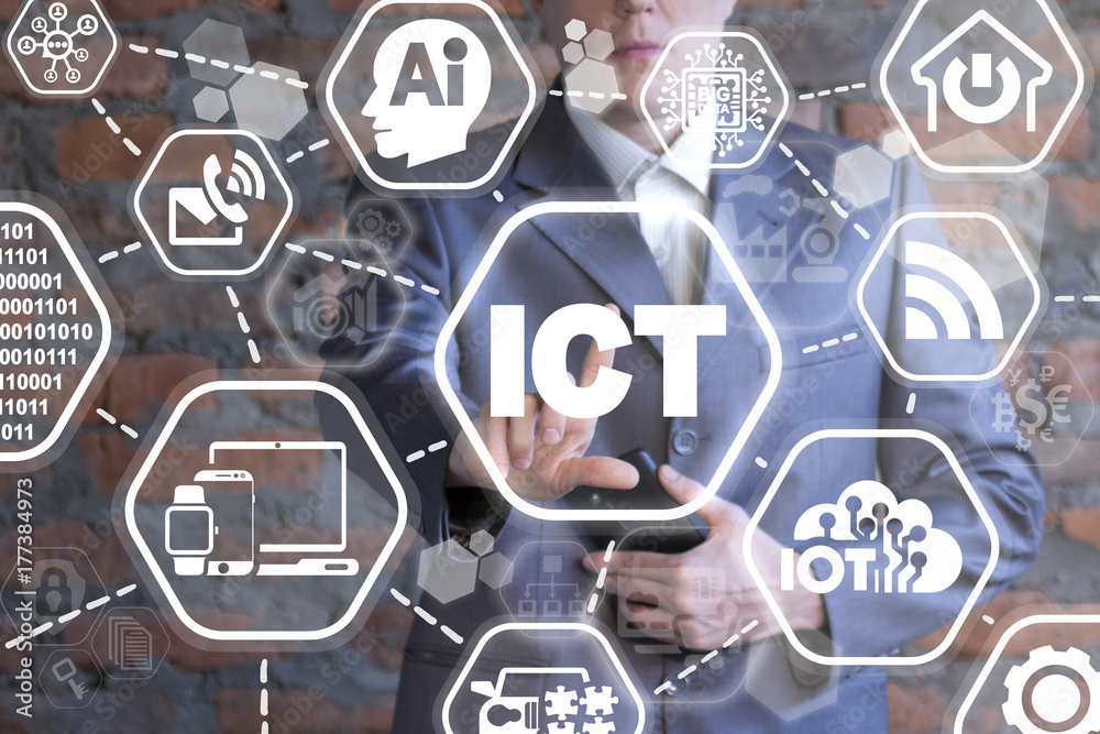 ICT - Information Communication Technology Business concept. Young engineer using virtual touchscreen presses ict text button. Smart City.