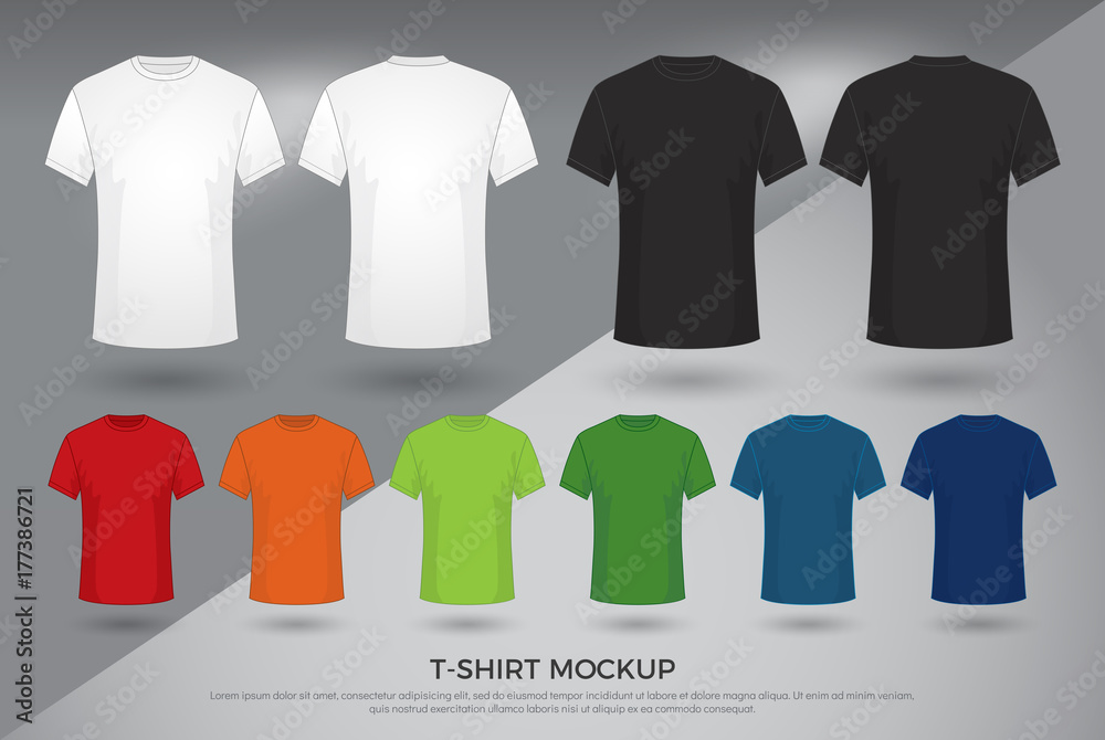 Men's t-shirt mockup, Set of black, white and colored t-shirts templates design. front and back view shirt mock up. vector illustration - obrazy, fototapety, plakaty 