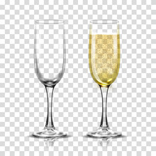 Realistic Vector Illustration Set Of Transparent Champagne Glasses With Sparkling White Wine And Empty Glass.