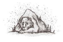 Let It Snow. Cute And Lovely Handsketched Illustration Of Old Sleeping Bear, Looks Like A Mountain, Into The Woods. Forest Bear, Winter Mood, Christmas Card. Seasonal Greetings.