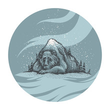 Let It Snow. Cute And Lovely Handsketched Illustration Of Old Sleeping Bear, Looks Like A Mountain, Into The Woods. Forest Bear, Winter Mood, Christmas Card. Seasonal Greetings.