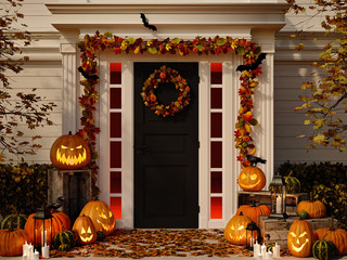 halloween decorated house with pumpkins. 3d rendering