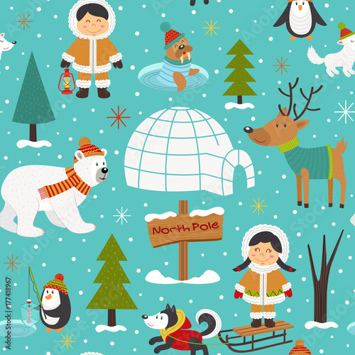 seamless pattern with Eskimos and arctic animals - vector illustration, eps Canvas Print