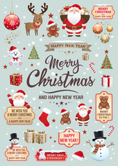 christmas and new year elements - icons, characters, labels, lettering