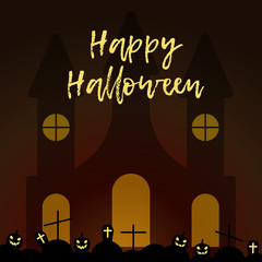Fototapete - Vector illustration with castle, graves and pumpkins on night background. Color halloween image. Icon with elements of holiday. Festive postcard to the day of All Saints. Holiday card Happy Halloween.
