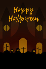 Fototapete - Vector illustration with castle, graves and pumpkins on night background. Color halloween image. Icon with elements of holiday. Festive postcard to the day of All Saints. Holiday card Happy Halloween.