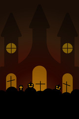 Fototapete - Vector illustration with castle, graves and pumpkins on night background. Color halloween image. Icon with elements of holiday. Festive postcard to the day of All Saints. Holiday card Happy Halloween.