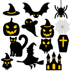 Fototapete - Vector illustration with castle, grave, pumpkin, hat of witch, bat, spider, ghost, cat, witch on white background. Halloween image. Icon with stickers of holiday. Holiday card Happy Halloween.