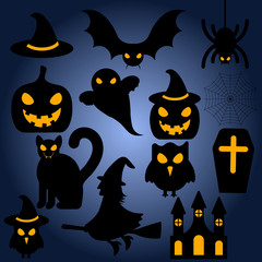 Fototapete - Vector illustration with castle, grave, pumpkin, hat of witch, bat, spider, ghost, cat, witch on blue background. Halloween image. Icon with stickers of holiday. Holiday card Happy Halloween.