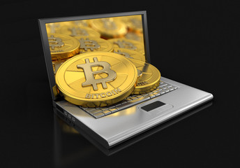 Poster - Laptop and bitcoins. Image with clipping path