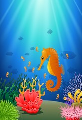 Wall Mural - Illustration of a sea horse in the sea. Vector