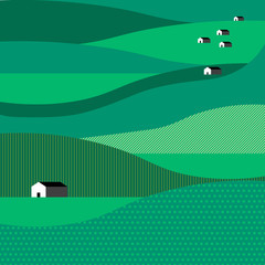 Poster - Flat vector illustration with mountains, with hills, houses, cottages on green background. Color image. Icon with elements of nature. Beautiful geometric illustration. Landscape night composition.