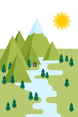 Poster - Flat vector illustration with mountains, river, forest and houses on daytime background. Color camping image Icon with elements of nature Beautiful geometric illustration Landscape daytime composition
