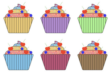 Poster - Flat simple cupcakes with sprinkles and cherry isolated on white background. Color outline icons of cute delicious sweets in cartoon style. Vector illustration baking unicorn Tasty dessert for holiday