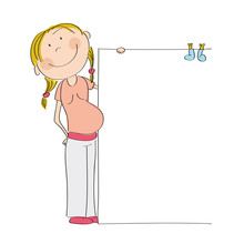 Happy Young Pregnant Woman Standing Behind Blank Banner / Board With Blue Baby Booties Pinned On It - Space For Your Text On White Background - It's A Boy - Original Hand Drawn Illustration.