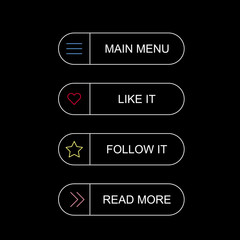 Fototapete - Flat simple illustration of buttons isolated on black background. Color icons main menu buttons set in the cartoon style. Colorful toggle switch. Vector image. Main menu items.
