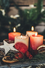 Decorated Advent Wreath With Four Burning Candles