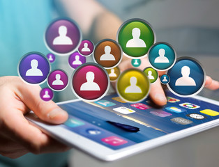Poster - Group of contact icon displayed on a technology interface background - Network and communication concept