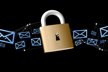 Poster - Padlock security connection surrounded by mail isolated on a color background - 3d rendering