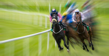 Race Horses And Jockeys Competing, Extreme Motion Blur Zoom Effect 