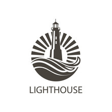 Lighthouse Icon Image With Ocean Waves And Seagulls