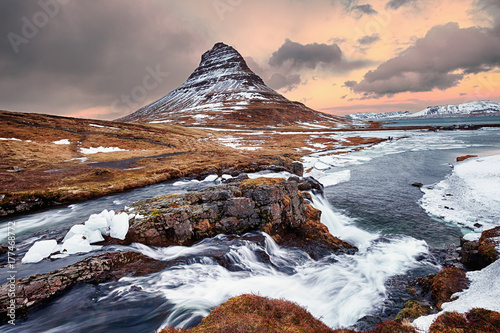 Sunset at Kirkjufellsfoss during winter Poster Mural XXL