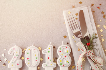 Wall Mural - New Year eve 2018, Christmas food lunch, dinner table place setting, festive background