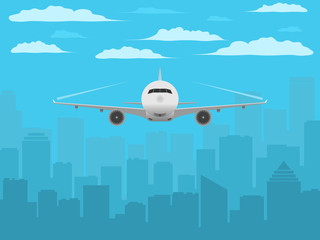 Wall Mural - plane in front of city silhouette. realistic airplane and city background. aircraft flying over big 