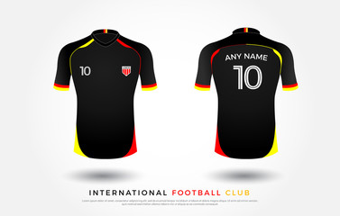 soccer t-shirt design uniform set of soccer kit. football jersey template for football club. red, yellow and black color, front and back view shirt mock up. Vector Illustration