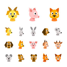 Flat Colored Style Animal Faces Icon Set