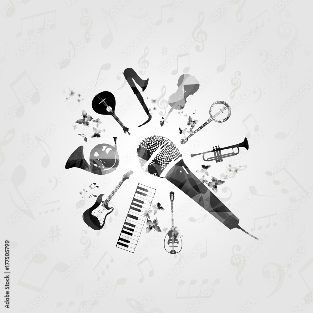 Black and white microphone with music instruments vector illustration.  Guitar, microphone, piano keyboard, french horn, saxophone, trumpet,  violoncello, banjo, Portuguese guitar, bouzouki background Stock Vector |  Adobe Stock, image size:1000x1000